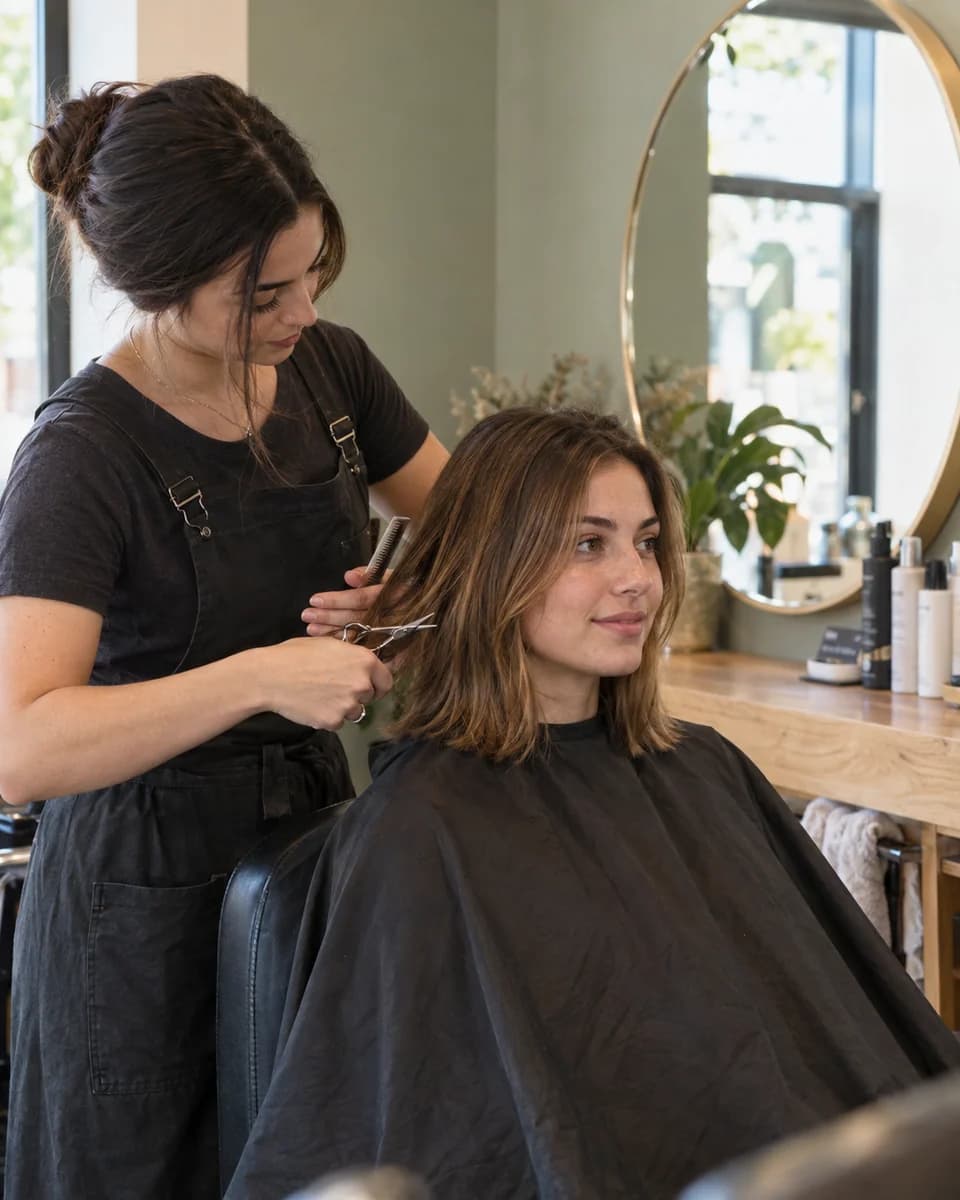 Una peluquera joven corta el pelo a una clienta de unos veinte años en un salón luminoso.