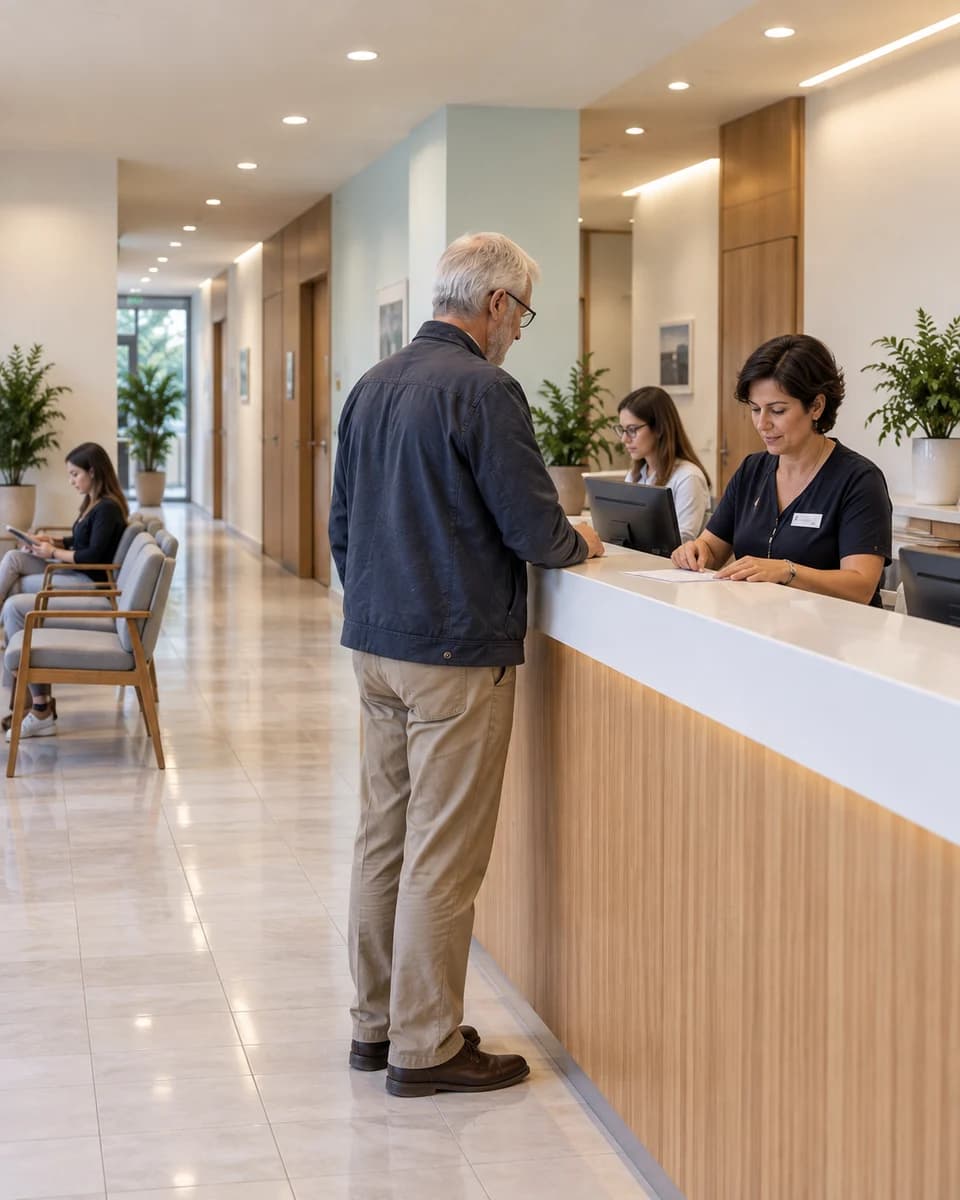 Un visitante se registra en la recepción de una clínica, con una zona de espera separada.
