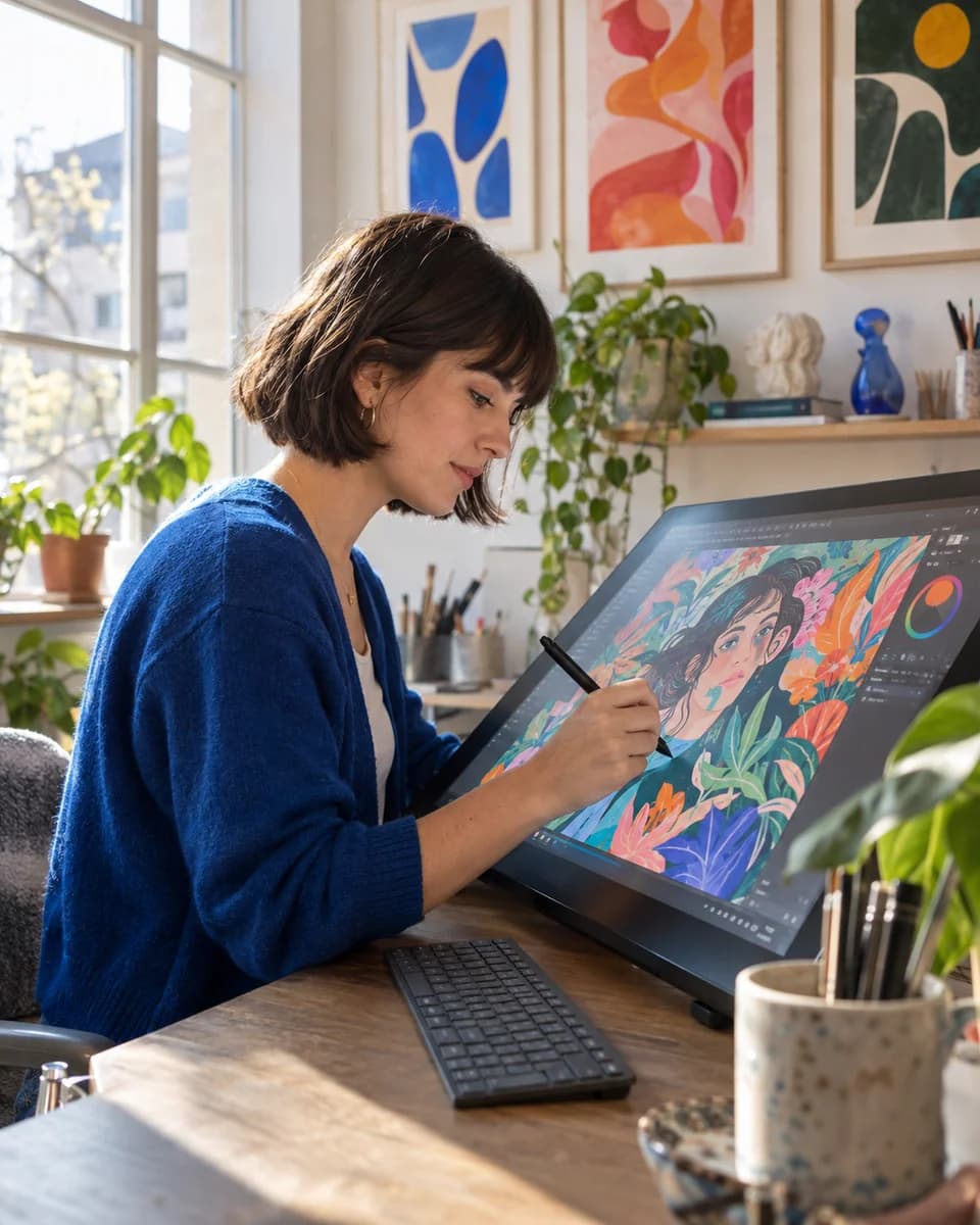 Una diseñadora joven ilustra en una pantalla gráfica dentro de un estudio creativo con obras de colores.
