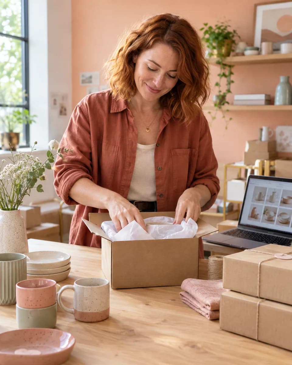 Una emprendedora prepara un pedido de cerámica en su tienda online.