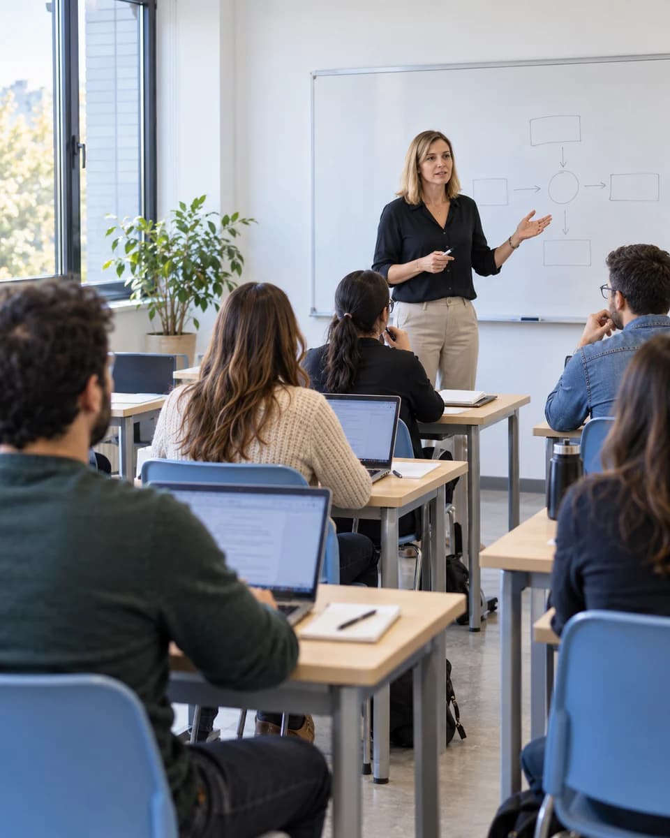 Una profesora explica una clase en un aula convencional con estudiantes adultos.