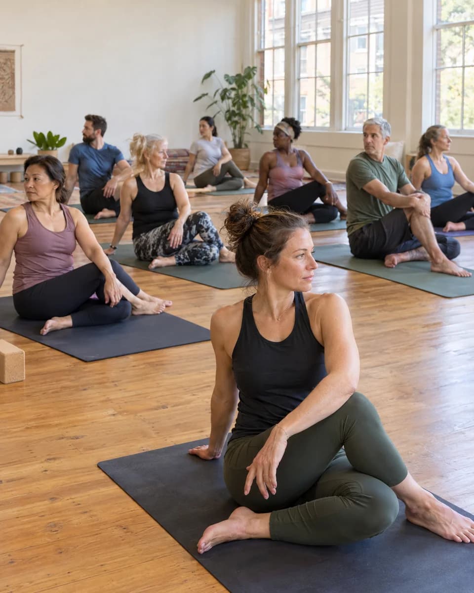 Una profesora guía una clase de yoga con un grupo de alumnos en un estudio luminoso.