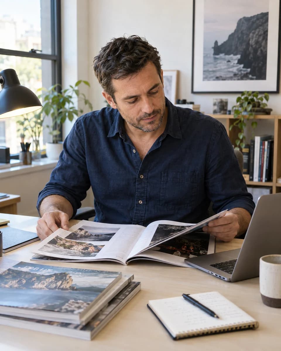 Un editor revisa una revista junto a su portátil en un estudio editorial con libros y fotografías.