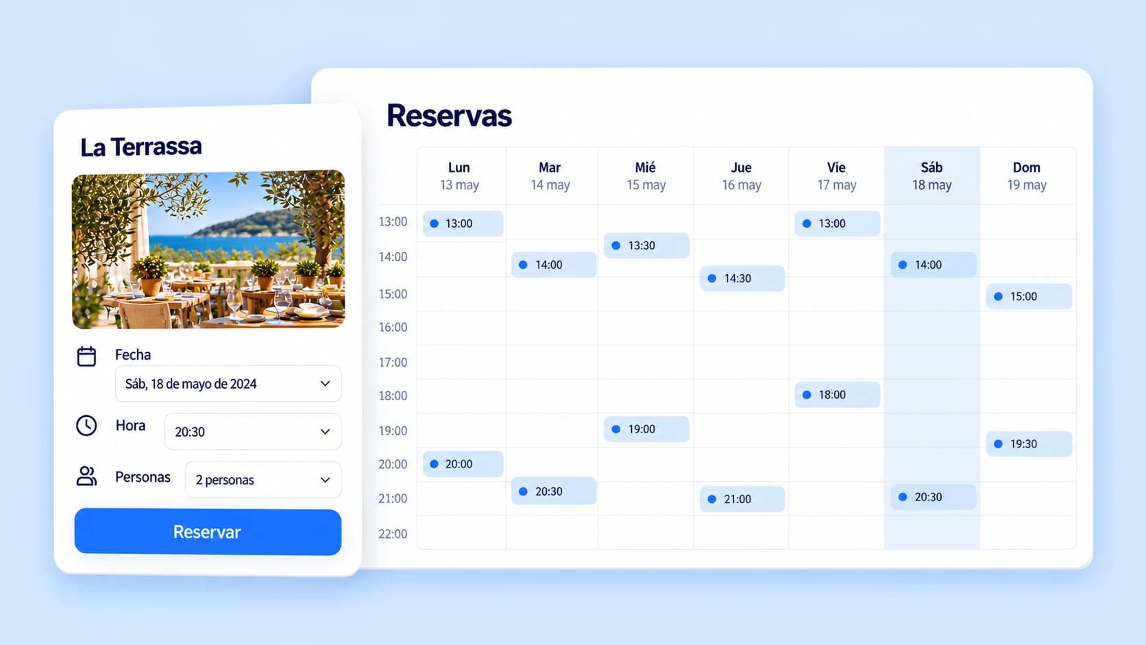 Representación de una reserva online y el panel de reservas de un restaurante.