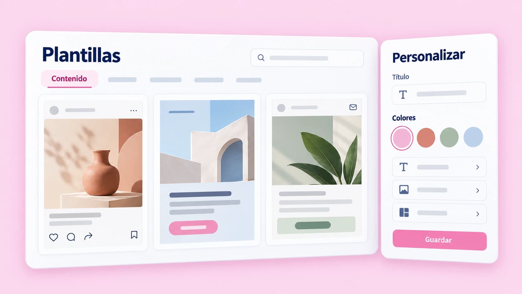 Catálogo de plantillas editables para crear contenido del negocio.