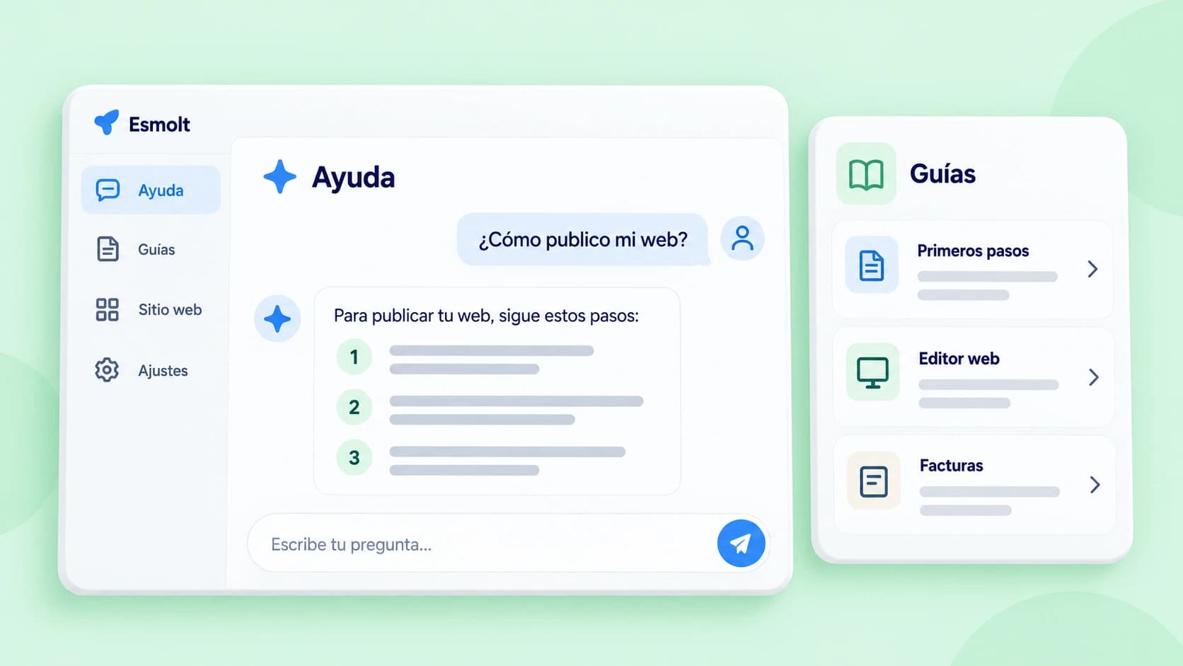 Asistente de ayuda que recomienda guías y pasos disponibles.