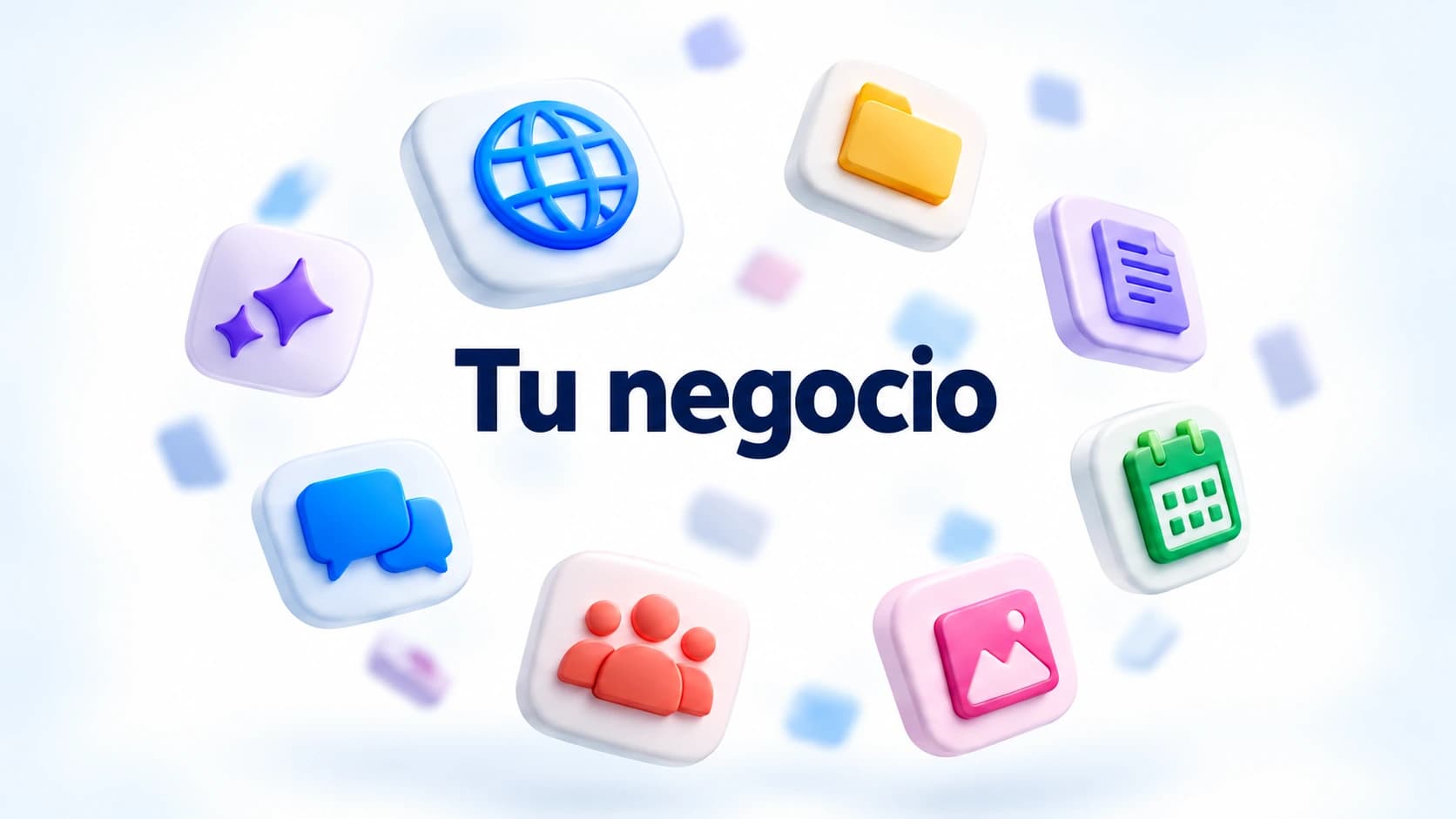 Tu negocio rodeado de iconos de aplicaciones en tres dimensiones, con archivos, web, calendario, chat y equipo.