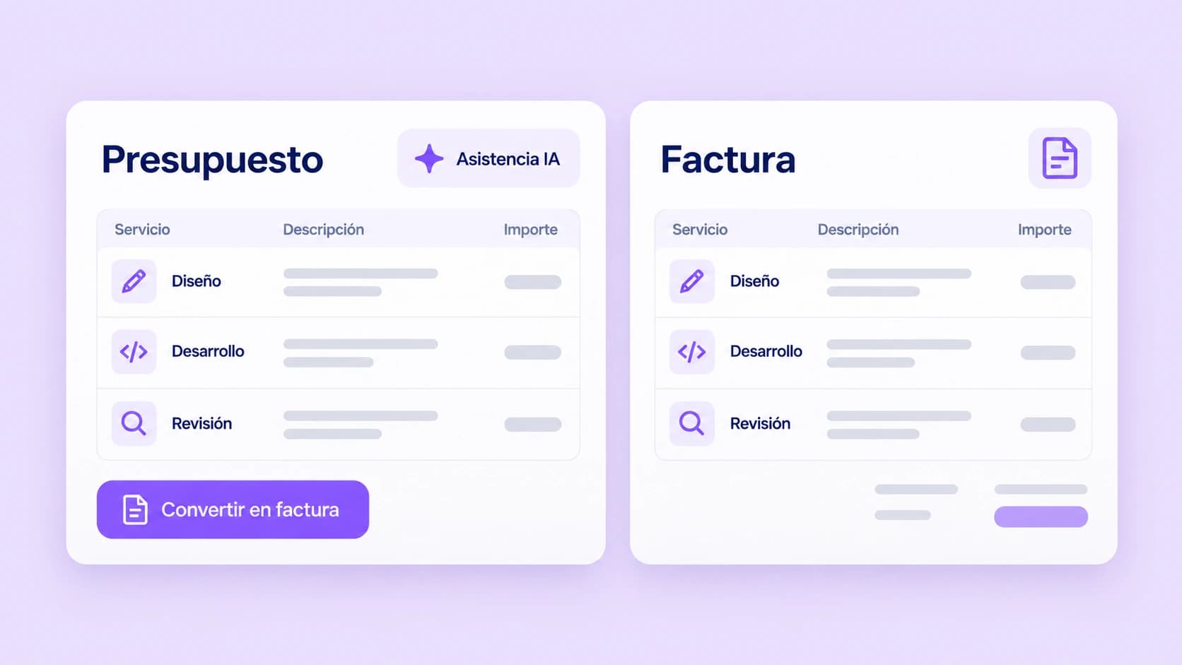 Preparación de un presupuesto con asistencia IA y conceptos pendientes de revisión.