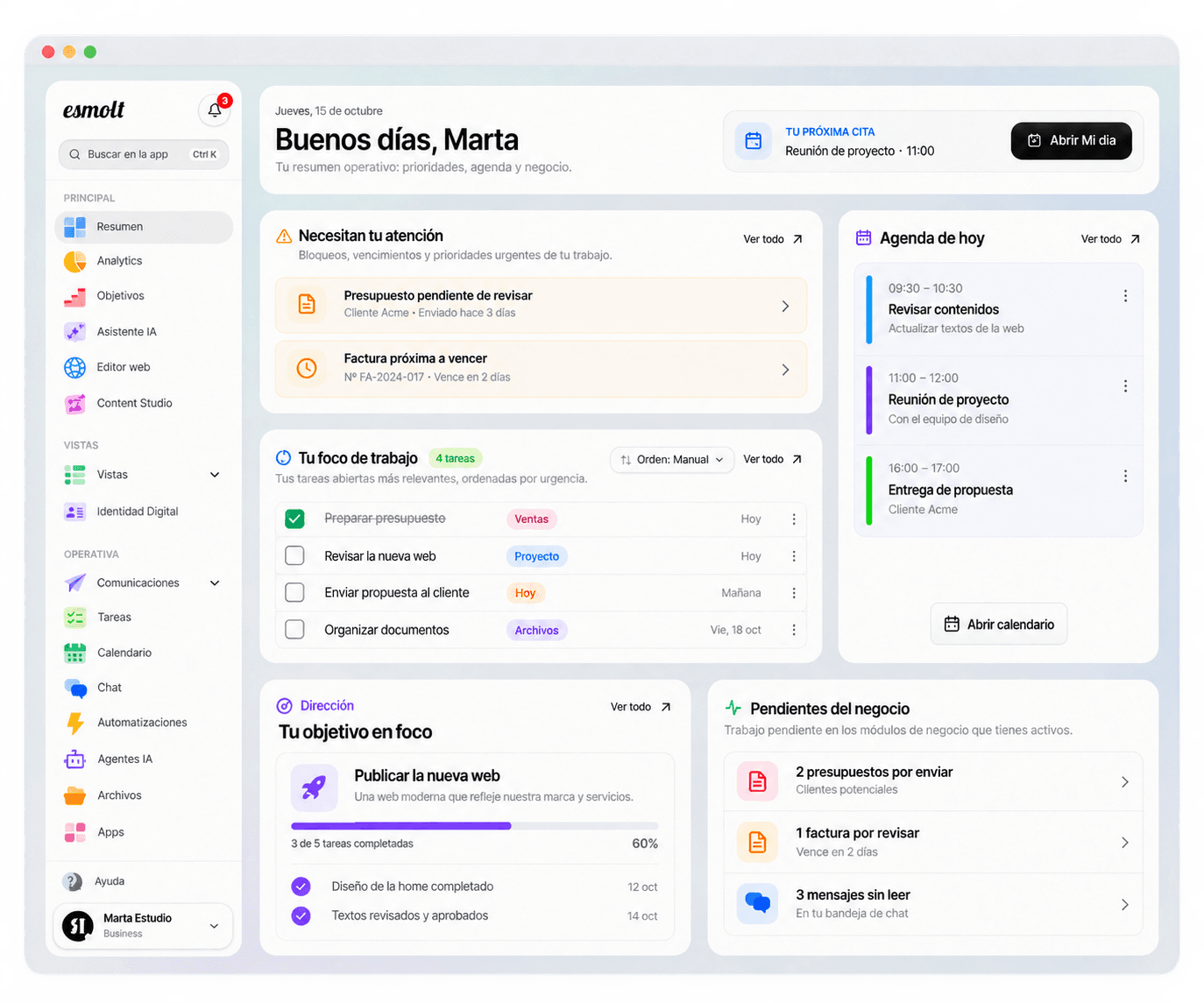 Representación del espacio de esmolt con agenda, tareas, presupuestos y documentos organizados.