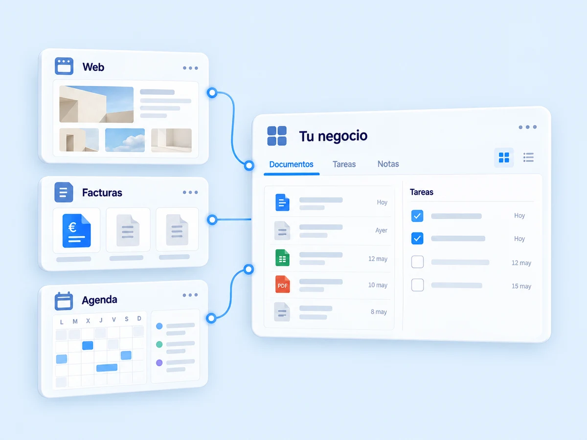 Ilustración de un entorno digital con documentos, agenda y trabajo reunidos alrededor de un espacio central