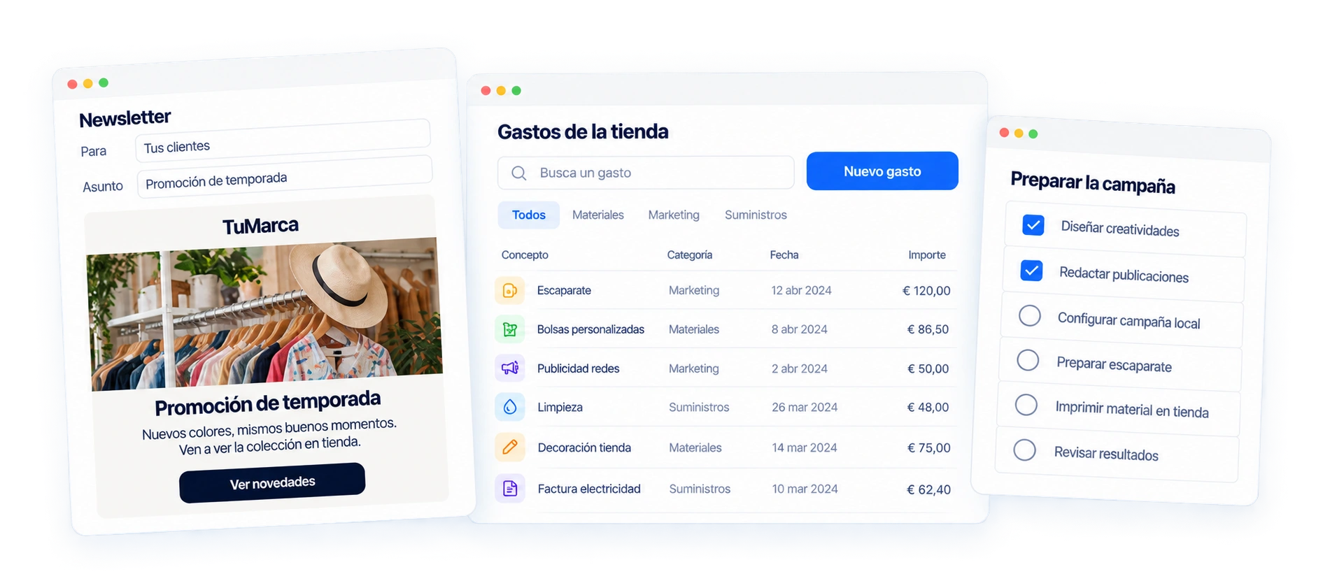 Representación de una newsletter, el registro de gastos de una tienda y las tareas de una campaña.