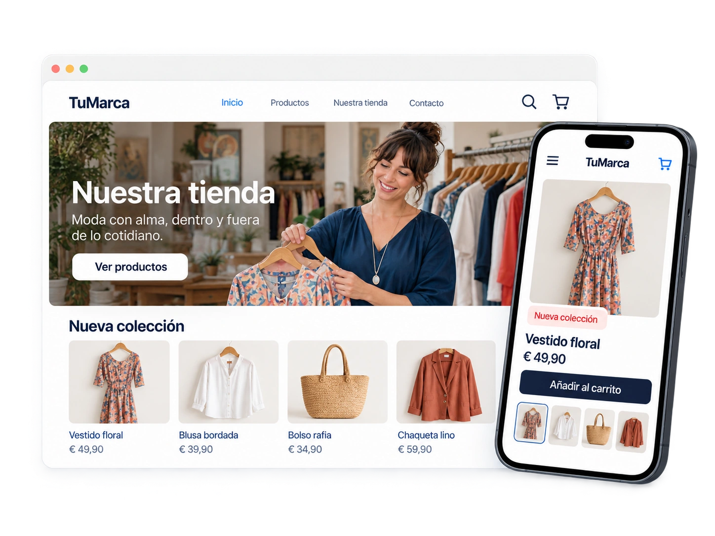 Representación de una tienda online en ordenador y móvil con su catálogo de ropa.