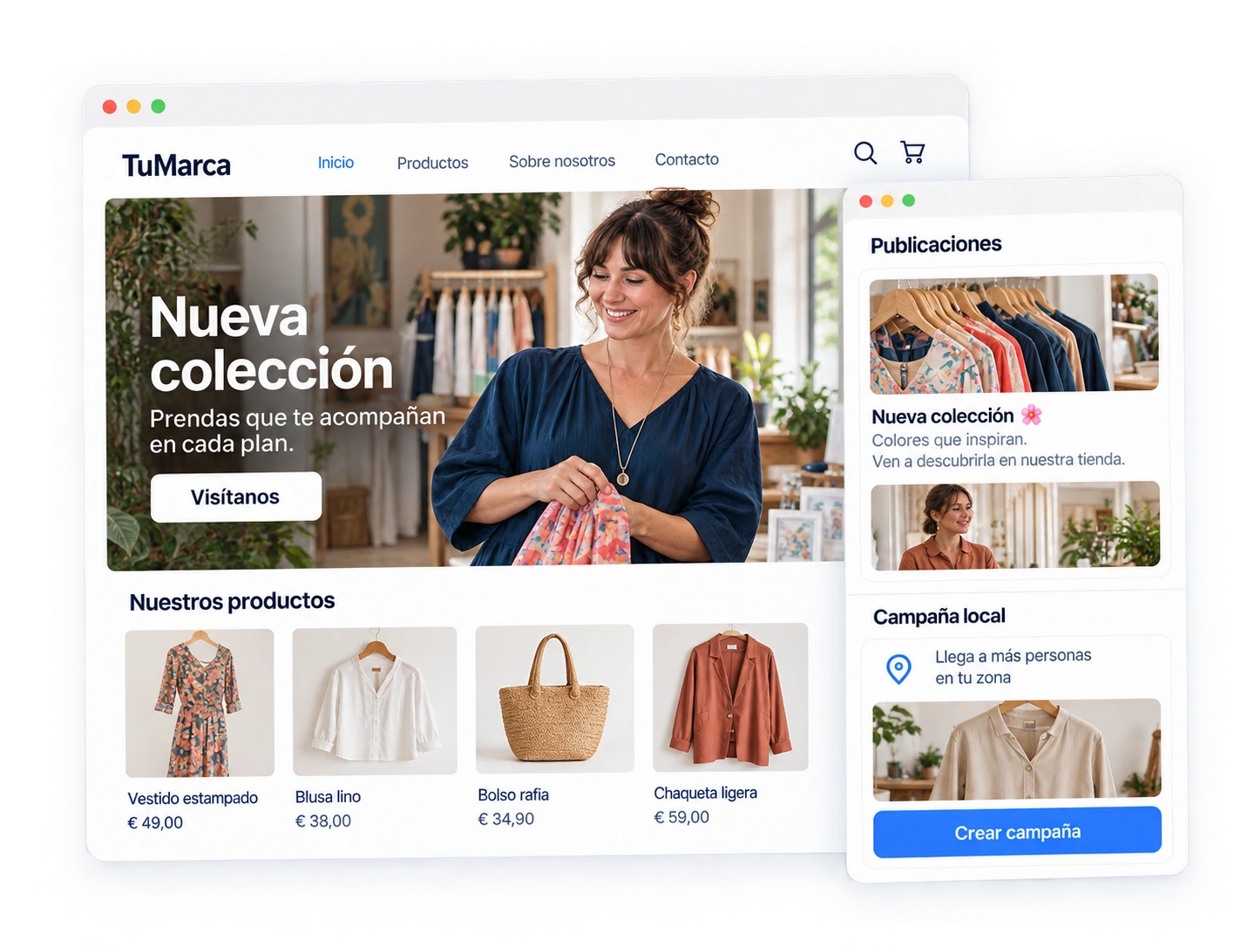Representación de una web de tienda junto a sus publicaciones y una campaña local.