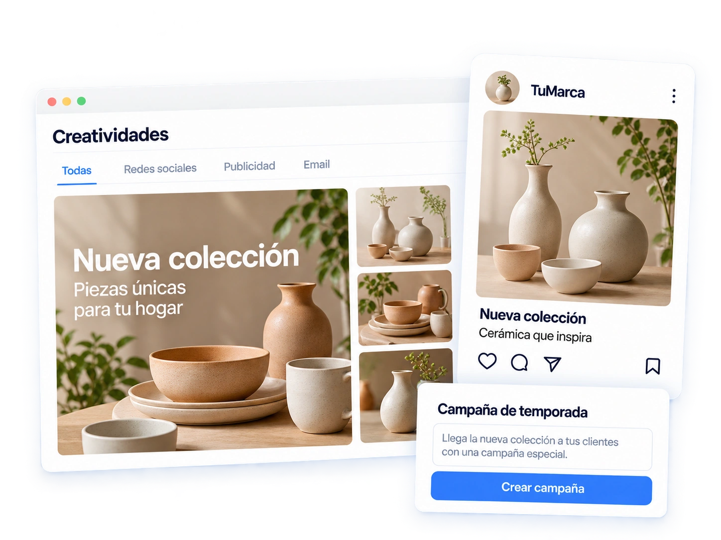 Representación de un estudio de creatividades, una publicación en redes sociales y una campaña de cerámica.