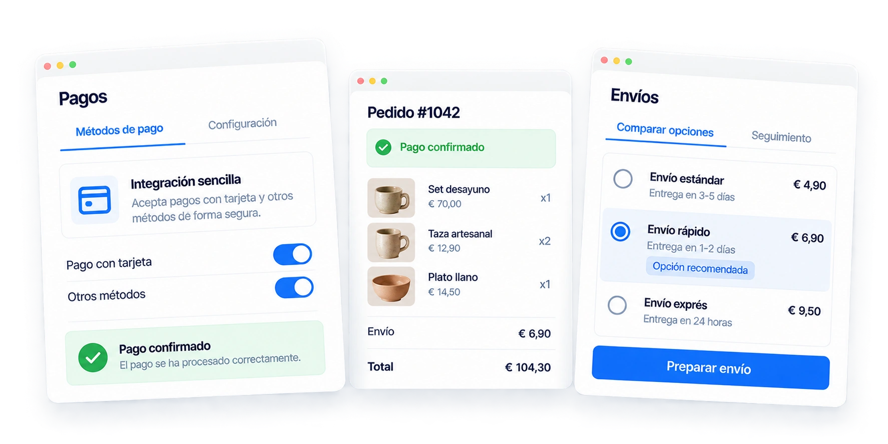 Representación de la configuración de pagos, un pedido y la comparación de opciones de envío.