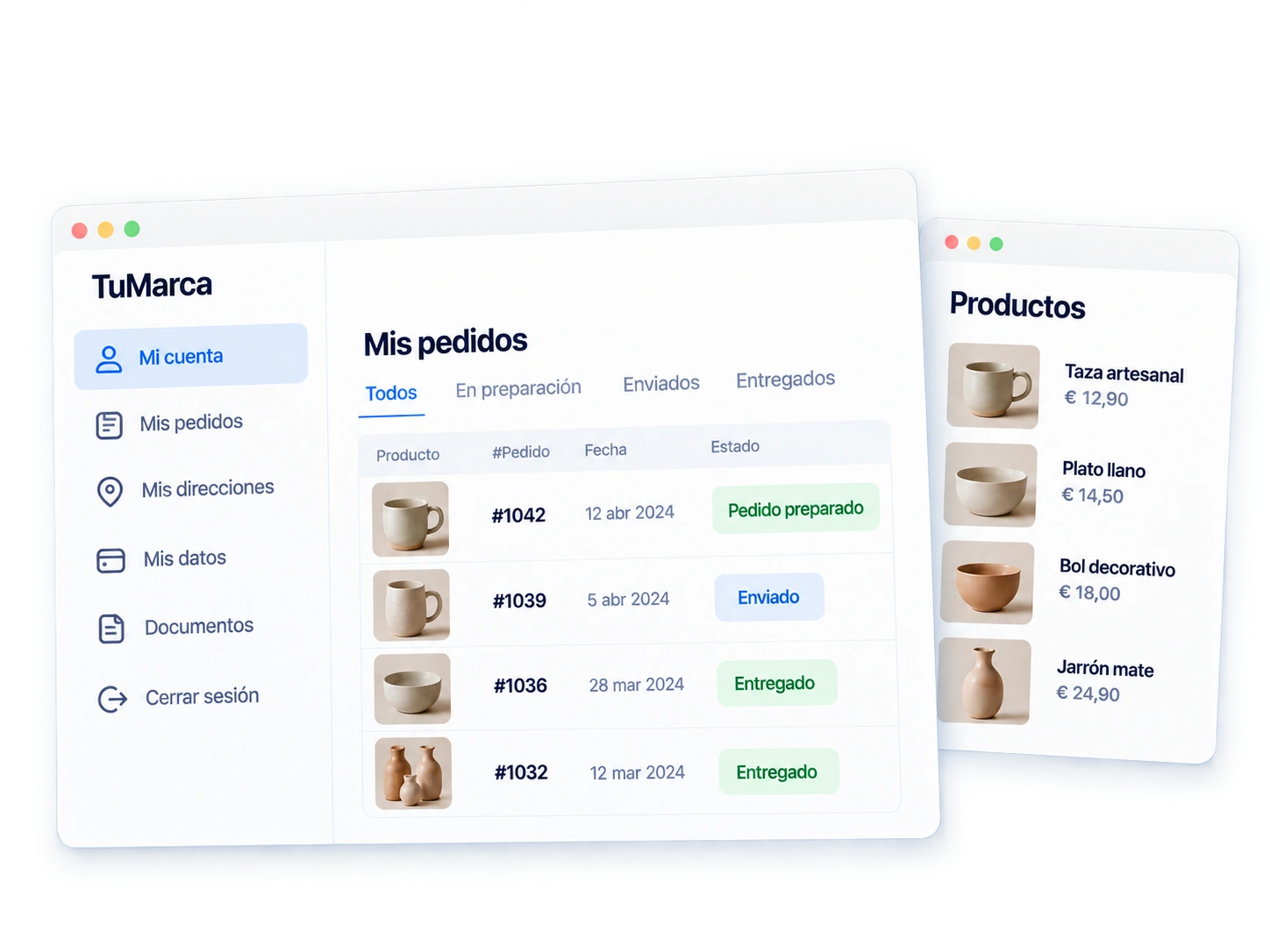 Representación del portal de clientes con sus pedidos y documentos junto al catálogo de productos de la tienda.