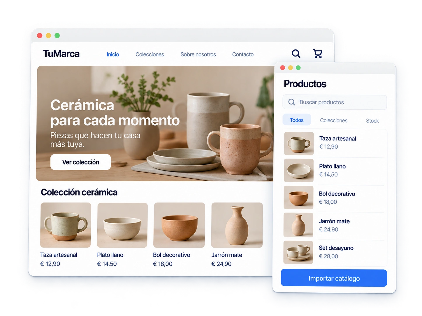 Representación de una tienda online de cerámica junto a su catálogo de productos y la importación del catálogo.