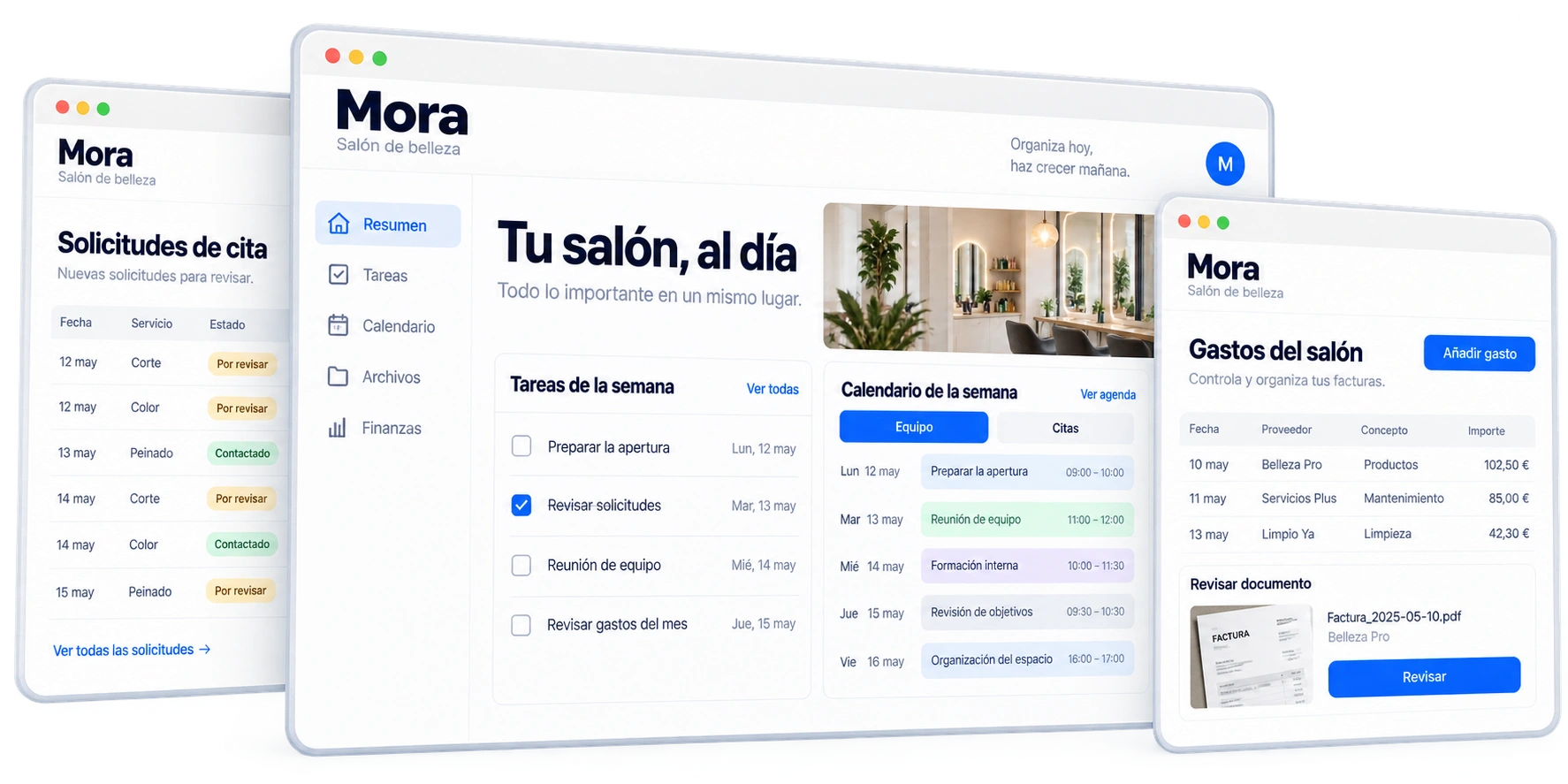 Panel de Mora con solicitudes de cita, calendario, tareas de apertura y gastos de proveedores.
