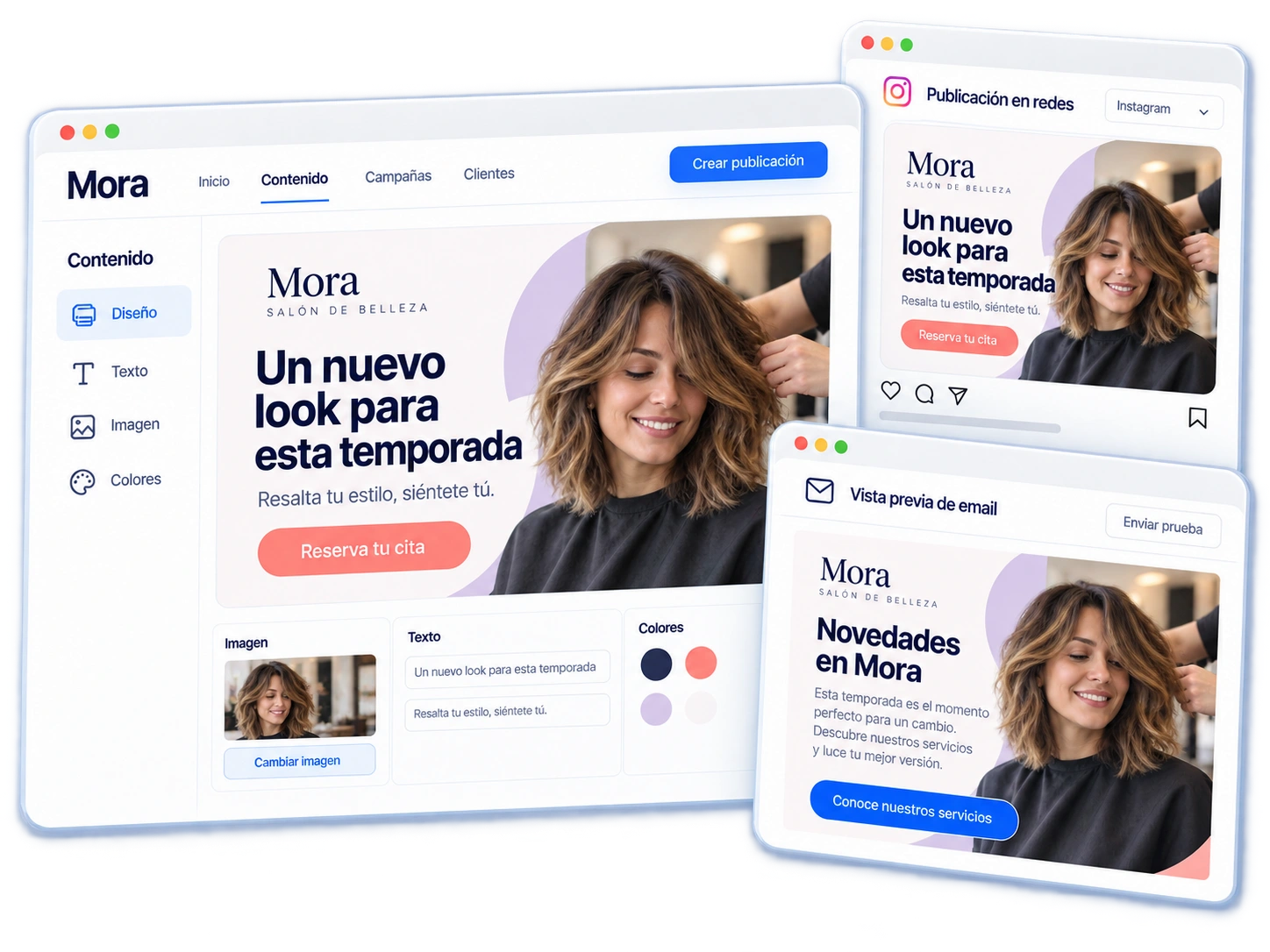 Contenido promocional de Mora con diseño editable, publicación para redes y vista previa de email.