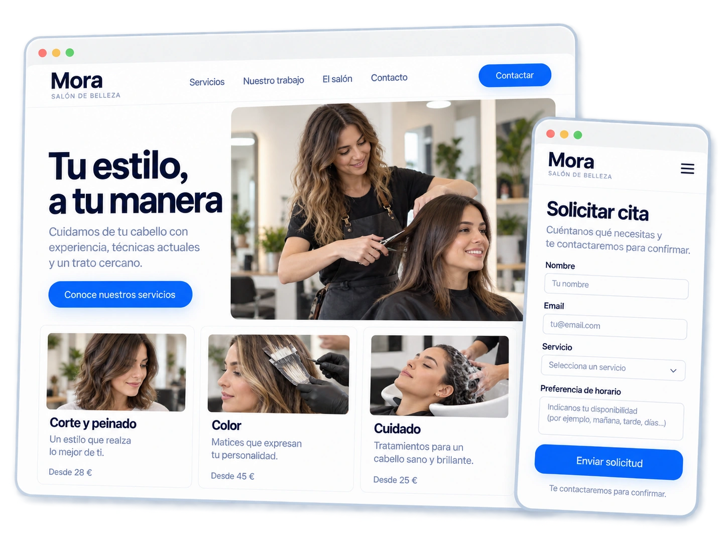 Web de Mora con servicios de peluquería, fotografías del salón y formulario para solicitar cita.