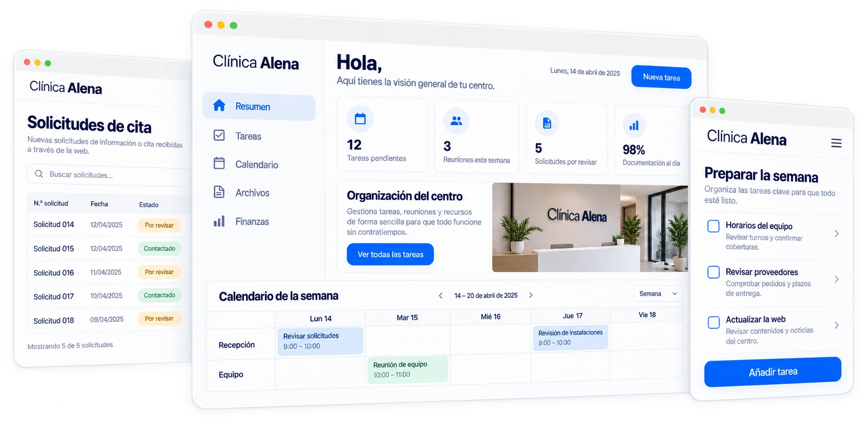 Panel administrativo de una clínica con solicitudes de cita, calendario del equipo y tareas semanales.