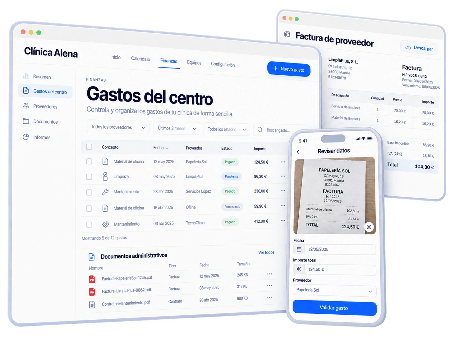 Gestión de gastos de una clínica con facturas de proveedores y revisión de un ticket digitalizado.