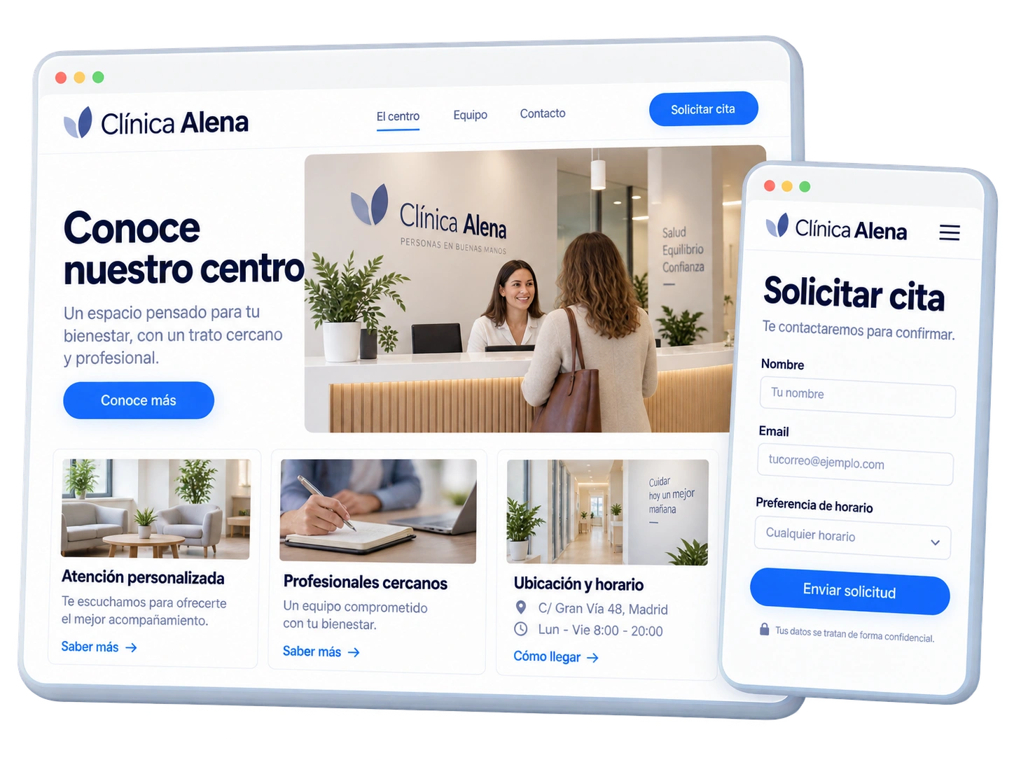 Web de una clínica con fotografía de recepción y un formulario para solicitar cita pendiente de confirmación.
