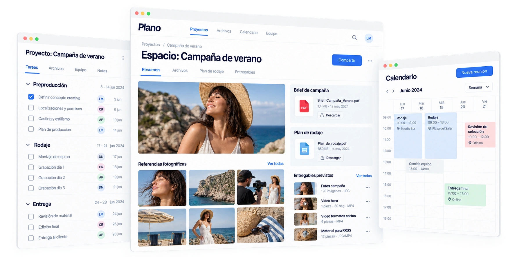 Espacio de campaña audiovisual con referencias, documentos, tareas por fases y calendario de rodaje.