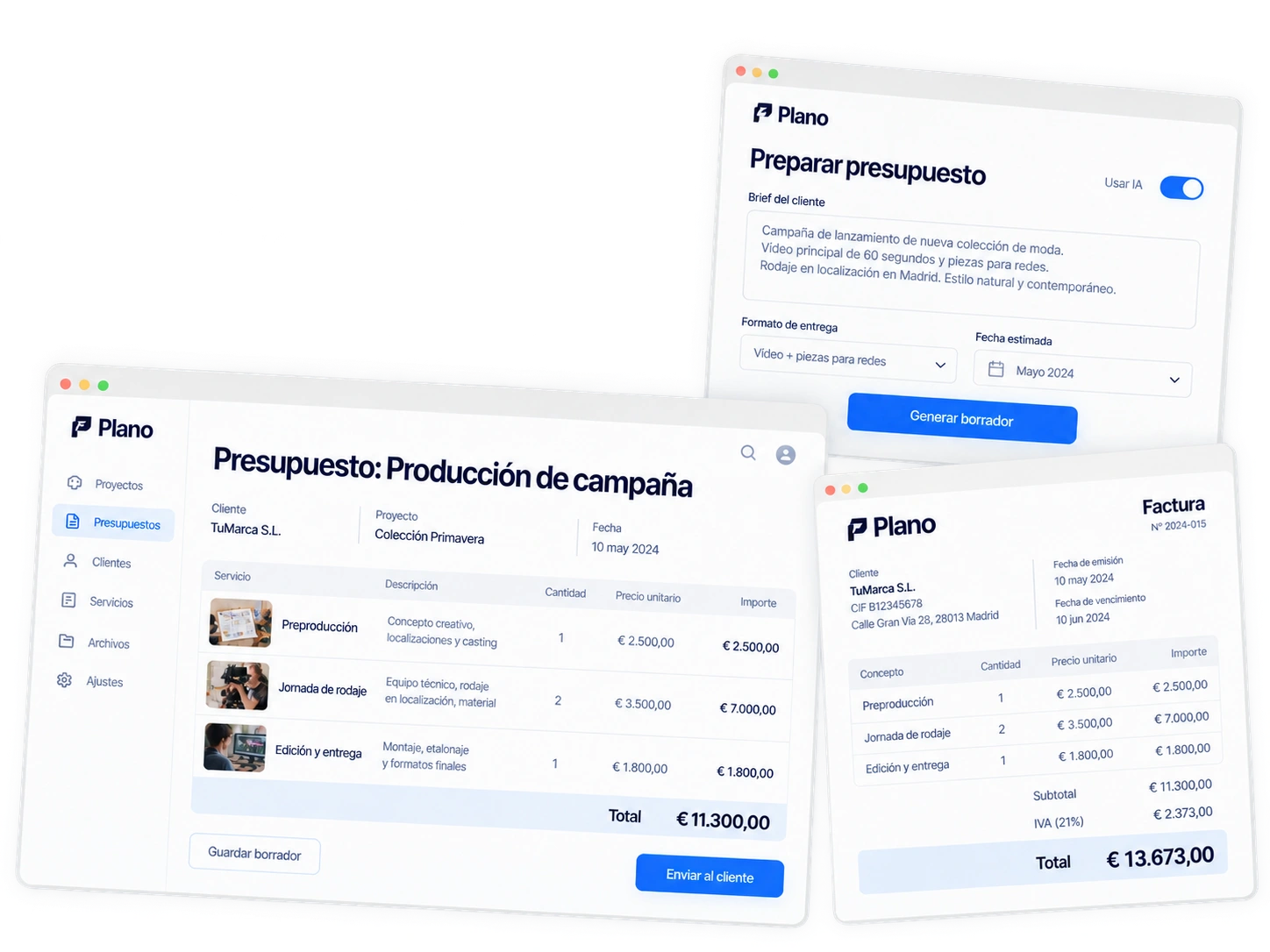 Presupuesto de producción, asistente para redactar la propuesta y factura profesional sin decoración.