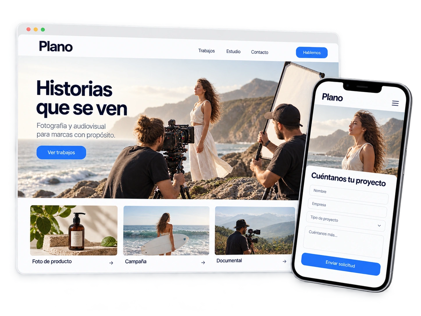 Portfolio del estudio Plano con una producción de costa, trabajos destacados y formulario móvil.