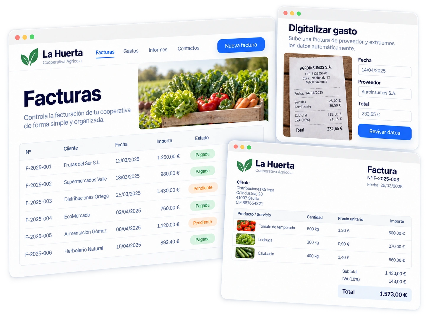 Panel de facturas de La Huerta con estados, una factura de venta y digitalización de un gasto de proveedor.