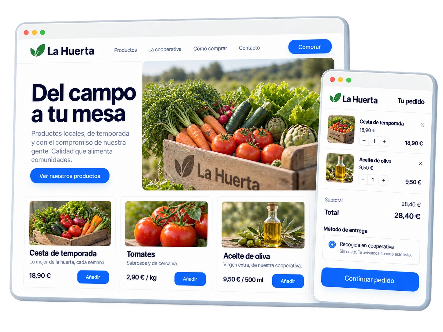 Tienda de La Huerta con productos de temporada, cesta de compra y recogida en la cooperativa.