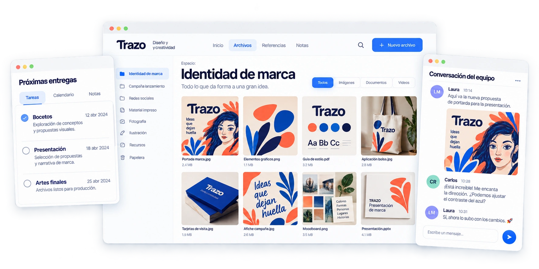 Espacio de identidad de marca con archivos creativos, próximas entregas y conversación del equipo.