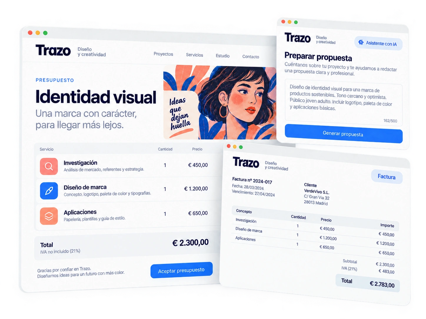 Presupuesto de identidad visual, asistencia IA para preparar una propuesta y factura del estudio Trazo.