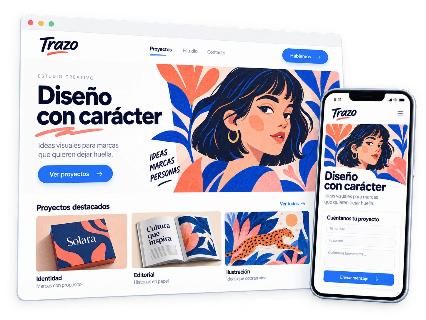 Portfolio del estudio Trazo en web y móvil, con proyectos de identidad, editorial e ilustración.