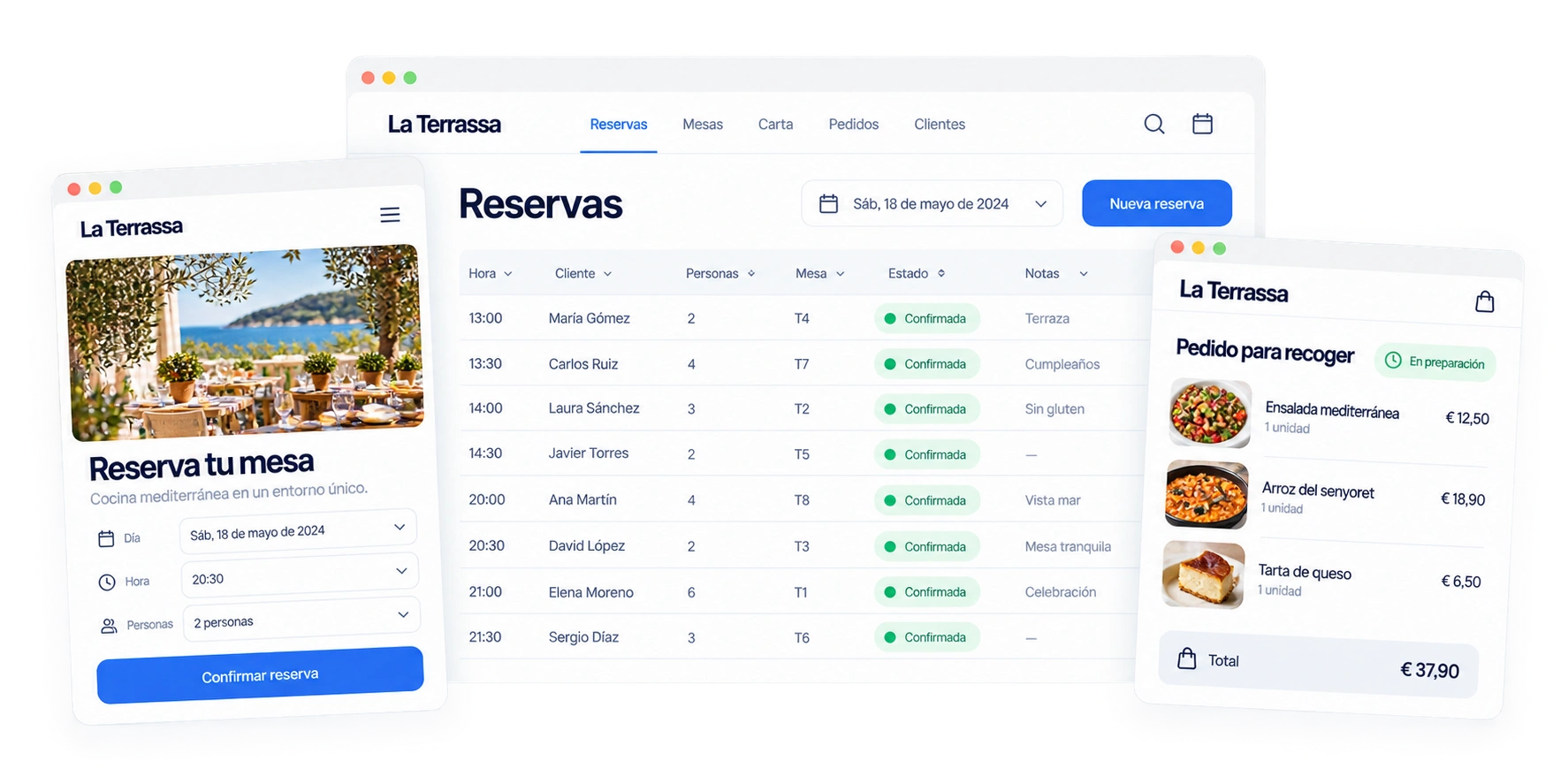 Representación de una reserva online, el panel de reservas y un pedido para recoger.