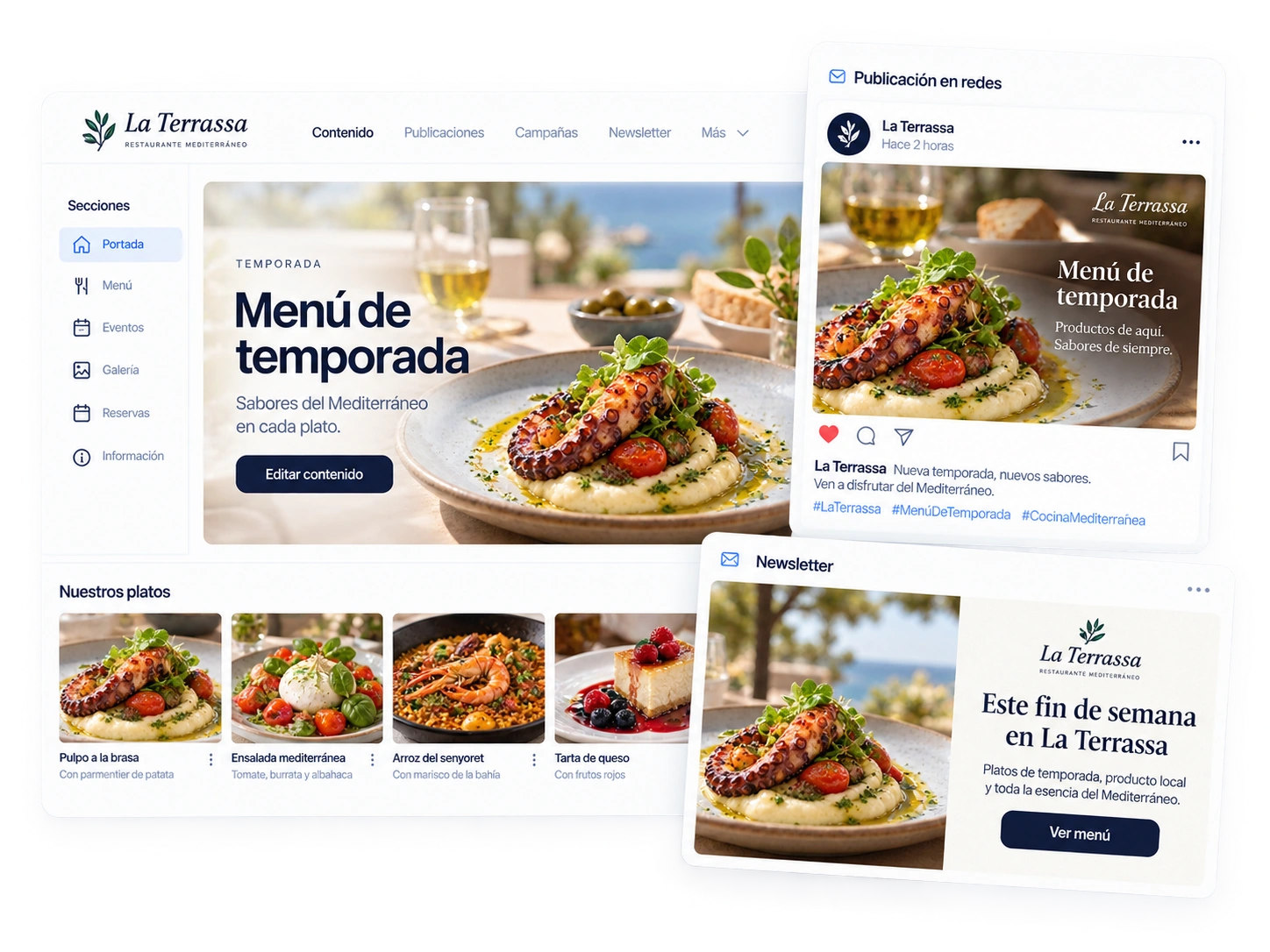 Representación de contenido gastronómico, una publicación y una newsletter de restaurante.