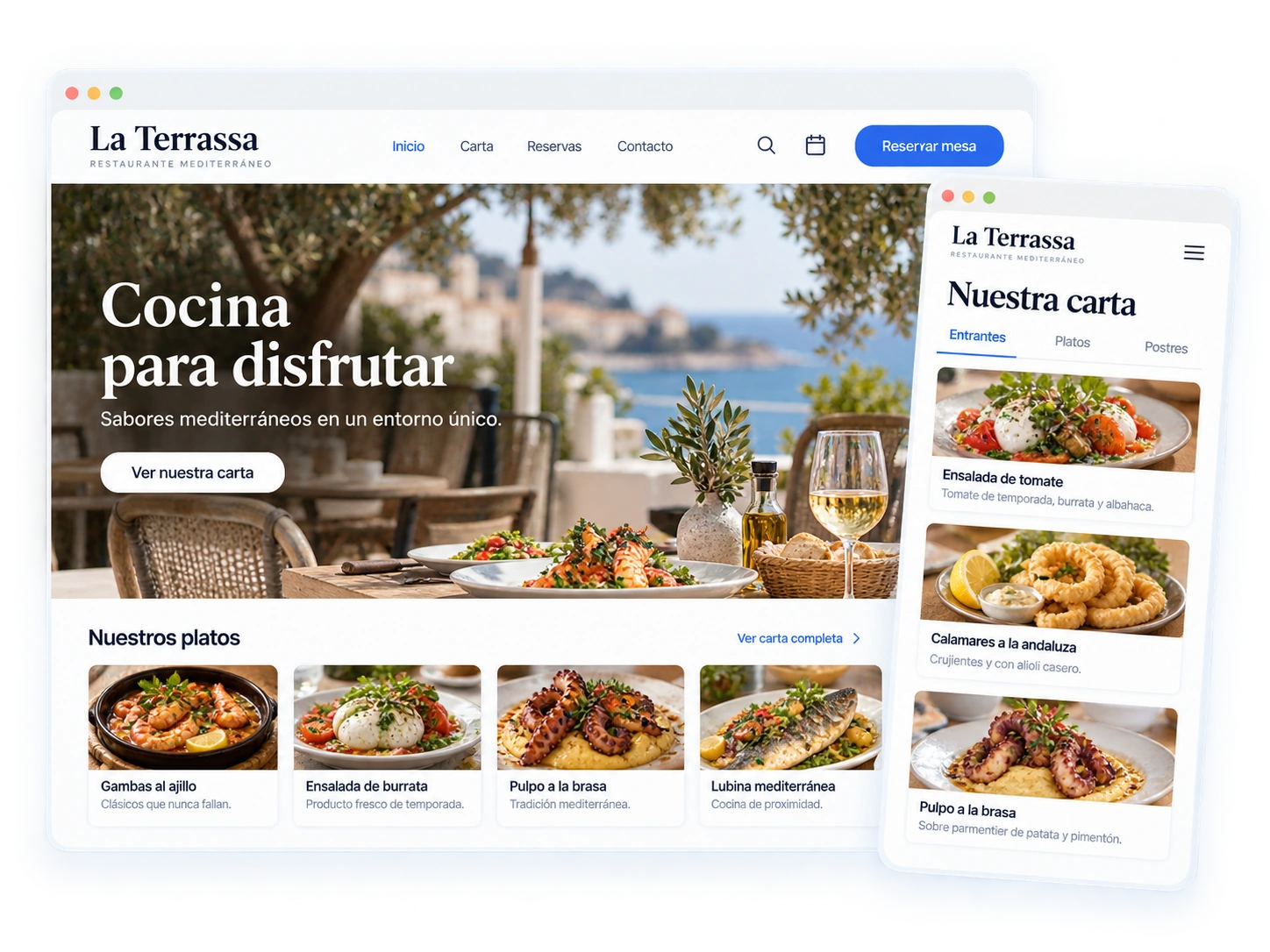 Representación de una web de restaurante y su carta en móvil.