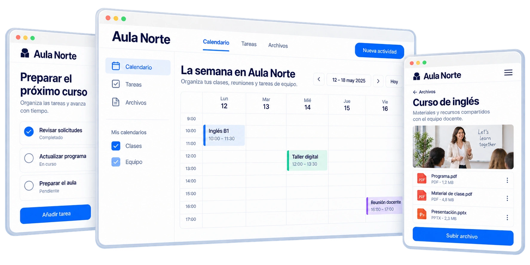 Calendario de Aula Norte con clases, tareas de preparación y materiales compartidos de un curso.