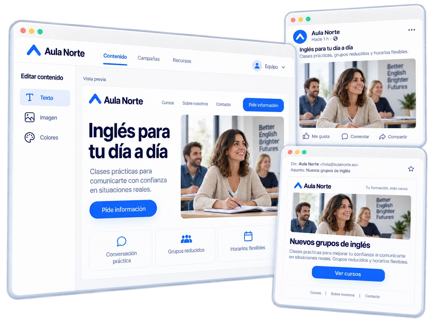 Edición de una campaña de cursos con versiones de publicación en redes y email de Aula Norte.