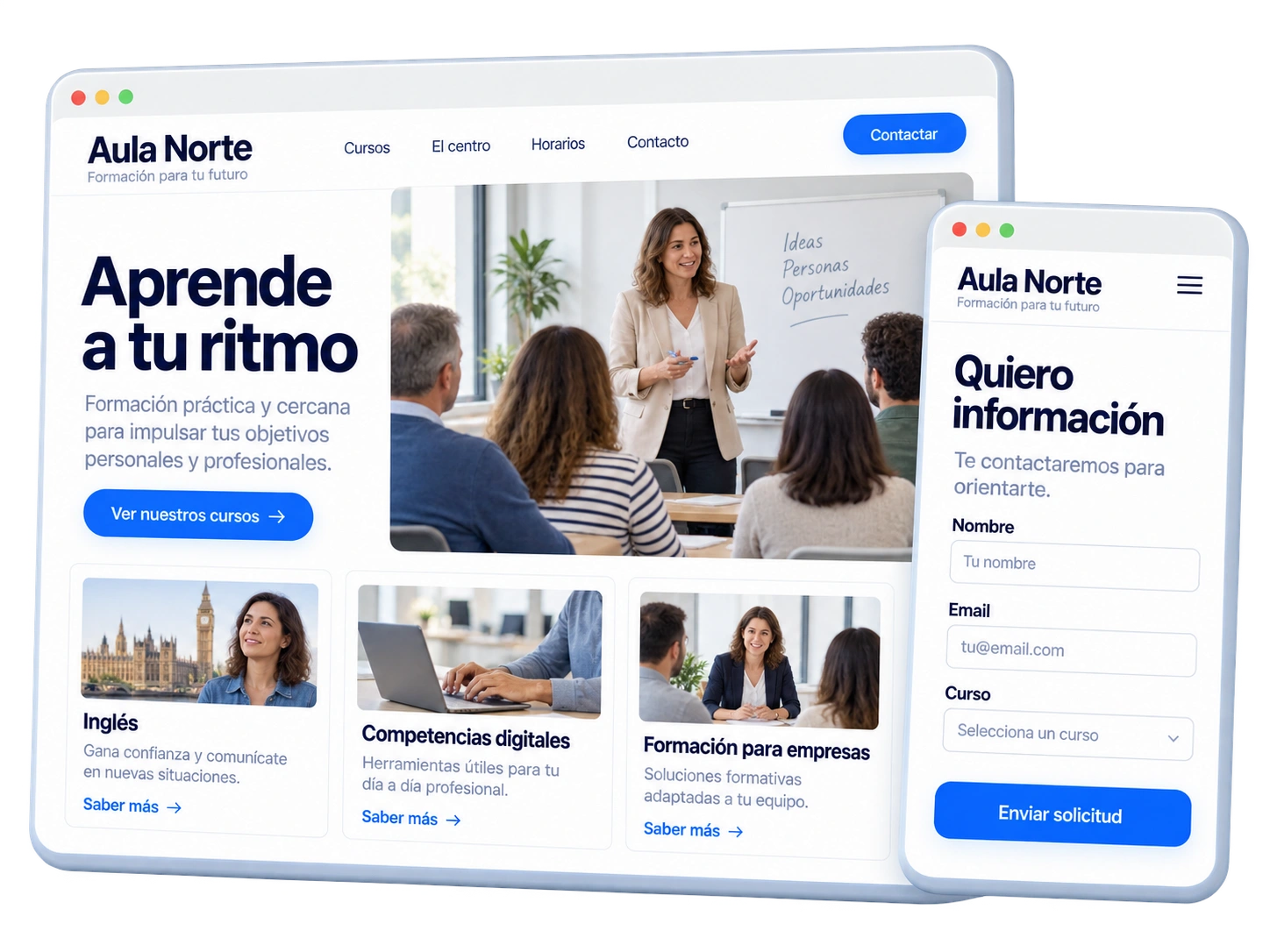 Web de Aula Norte con cursos, aula de estudiantes adultos y formulario de solicitud de información.