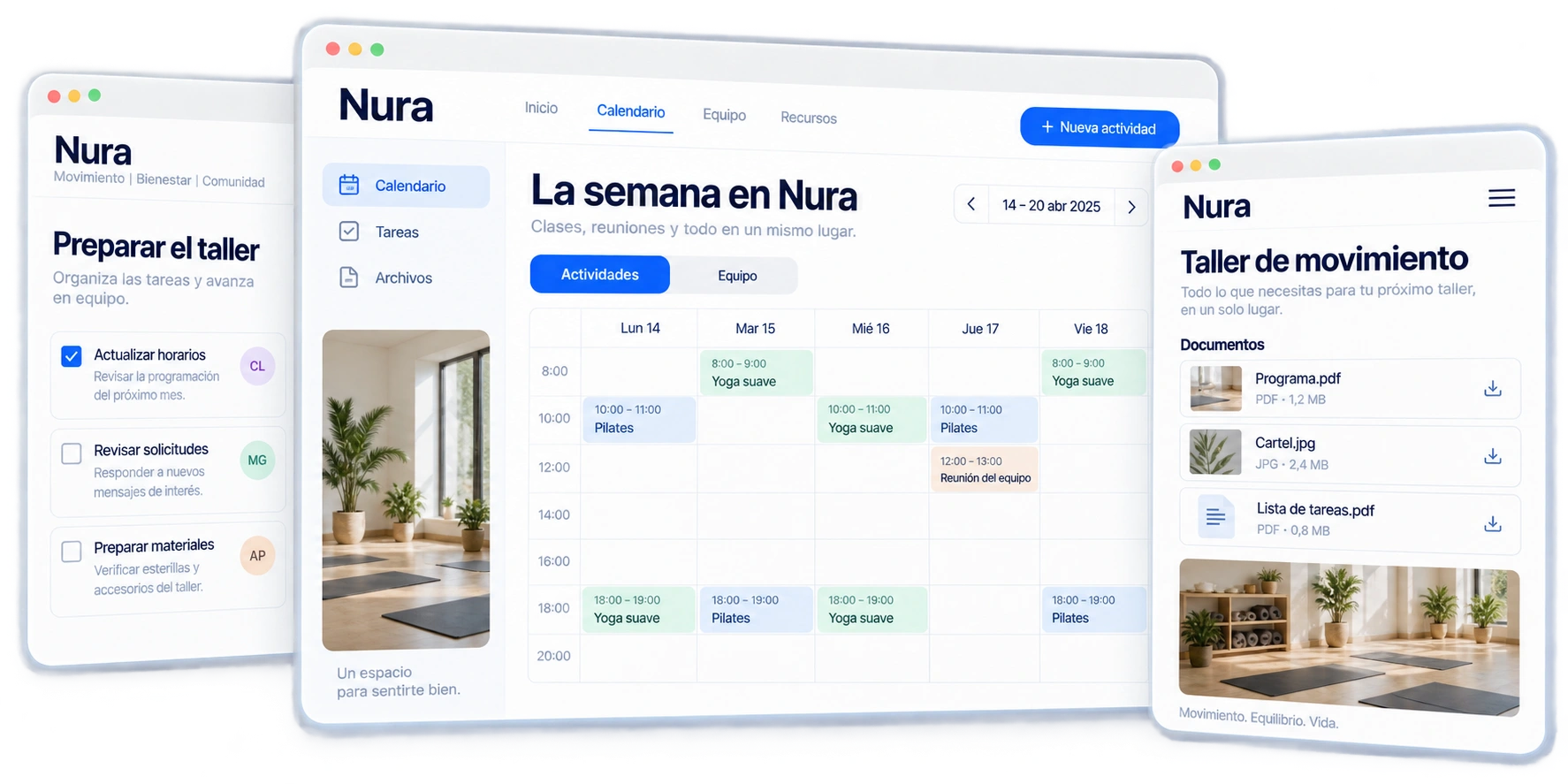 Calendario semanal de actividades de Nura con tareas de preparación y documentos de un taller.