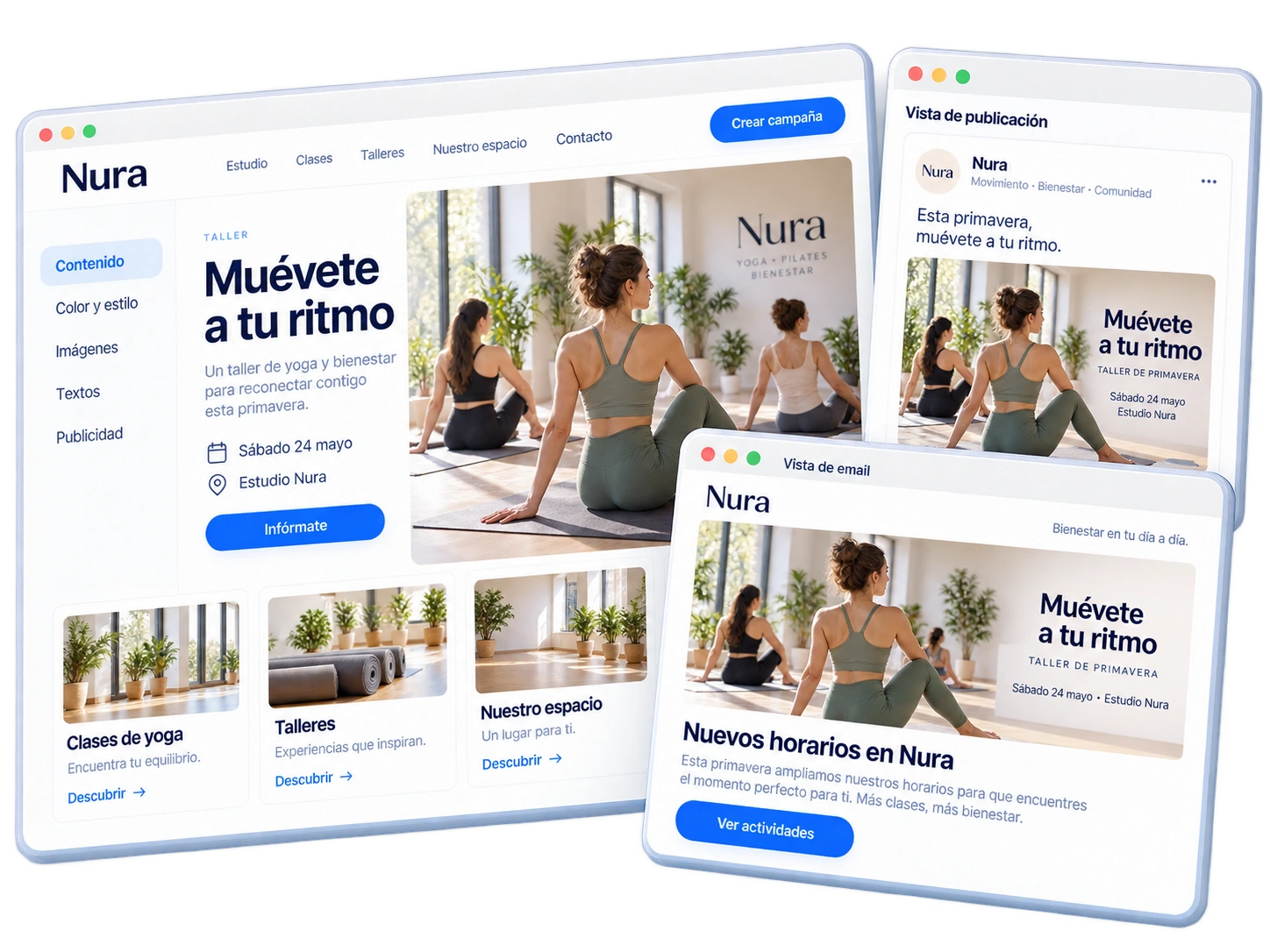 Diseño de un taller de Nura en Contenido con versiones para redes sociales y email.