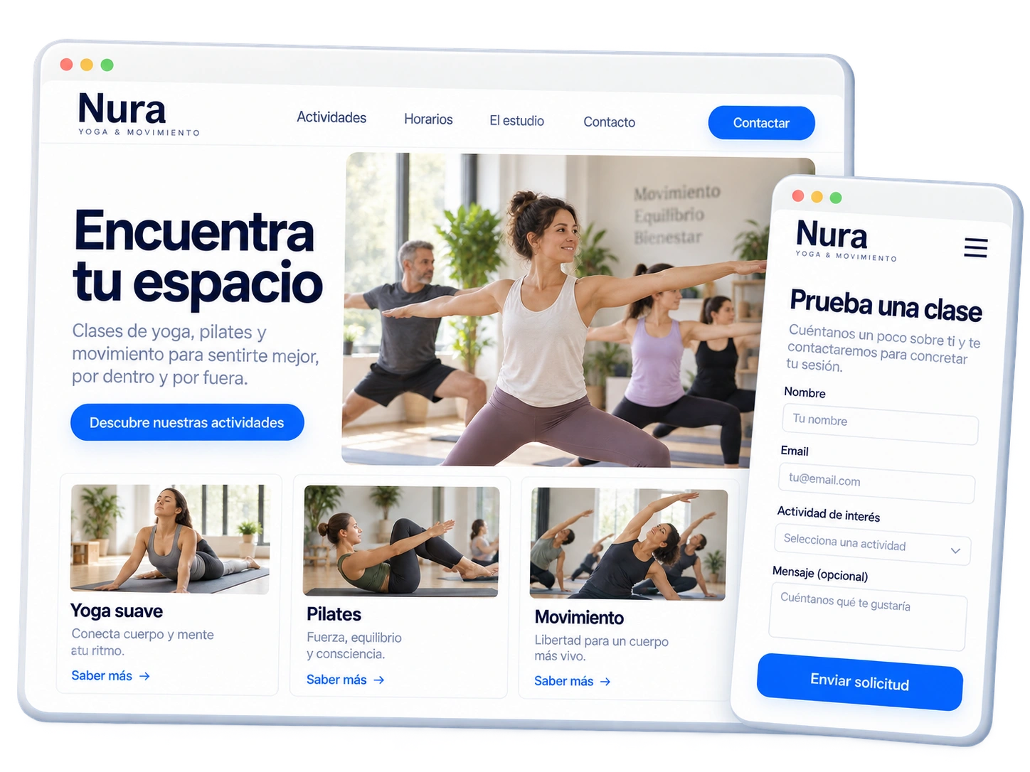Web de Nura con actividades de yoga y pilates y formulario para solicitar una clase de prueba.