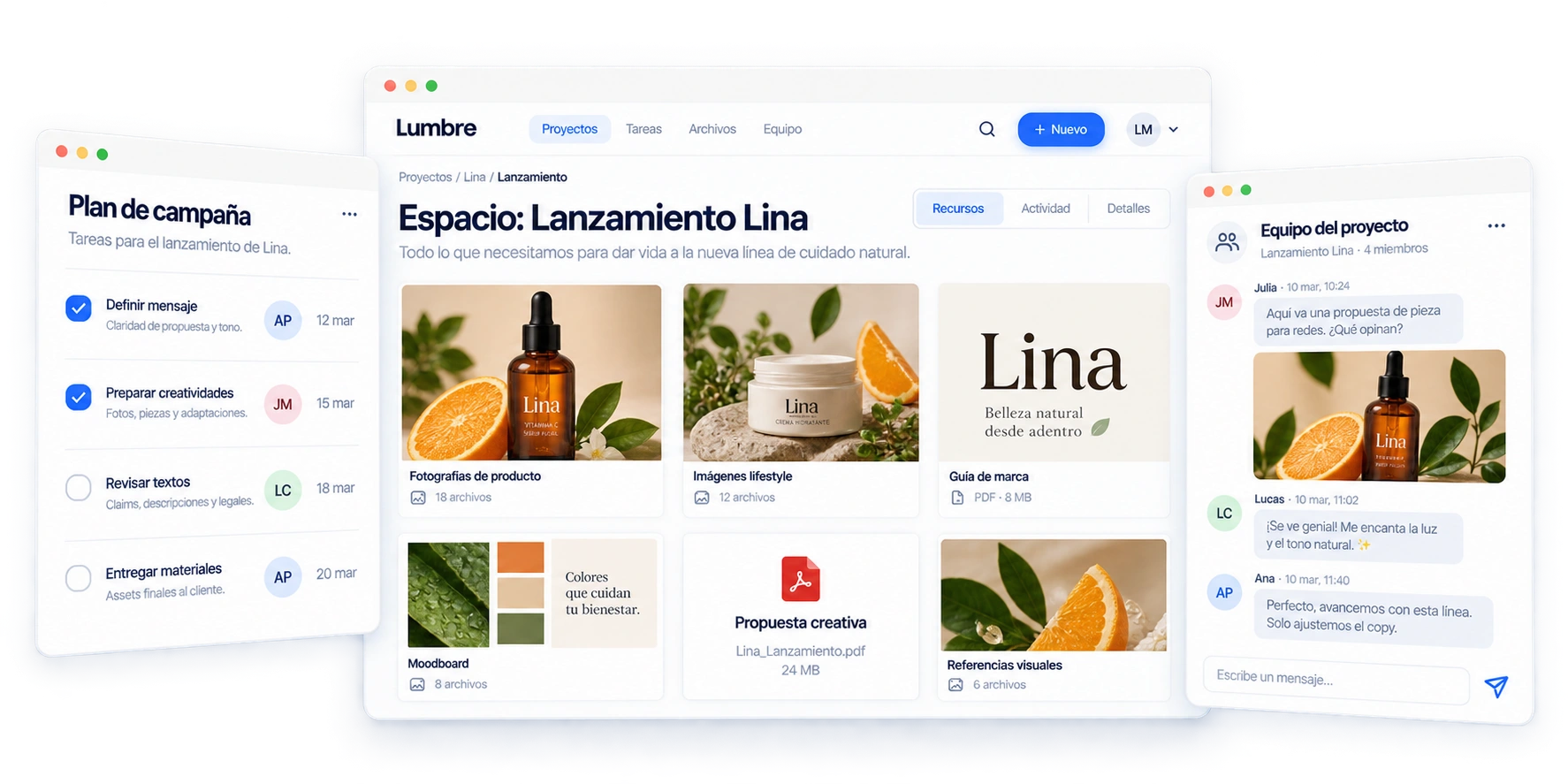 Espacio del lanzamiento Lina con recursos de marca, plan de tareas y conversación del equipo.