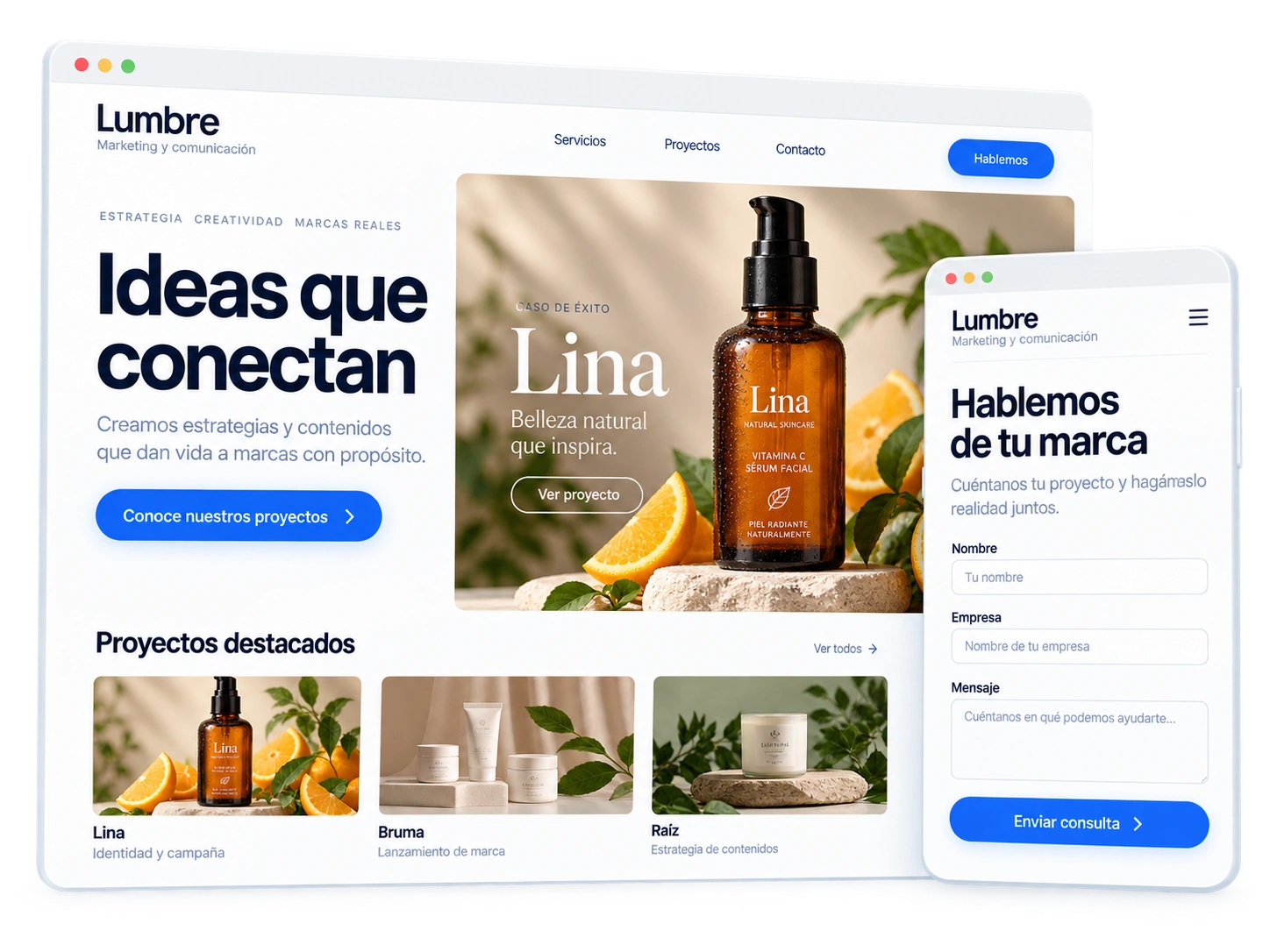 Web de la agencia Lumbre con proyectos destacados y formulario de contacto en móvil.