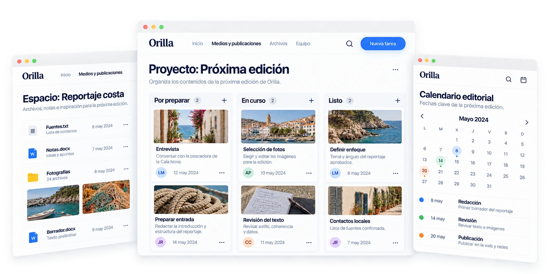 Plan de edición con tareas, archivos del reportaje y calendario de redacción, revisión y publicación.