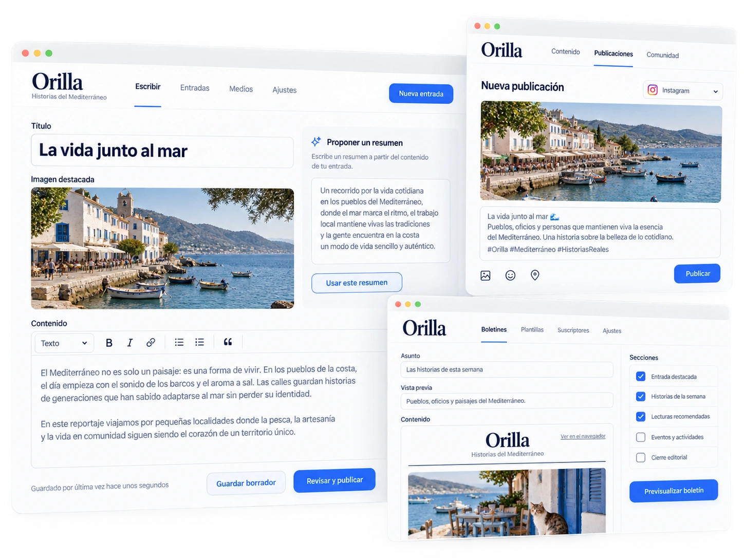Borrador de artículo con asistente de resumen, publicación social y newsletter de Orilla.