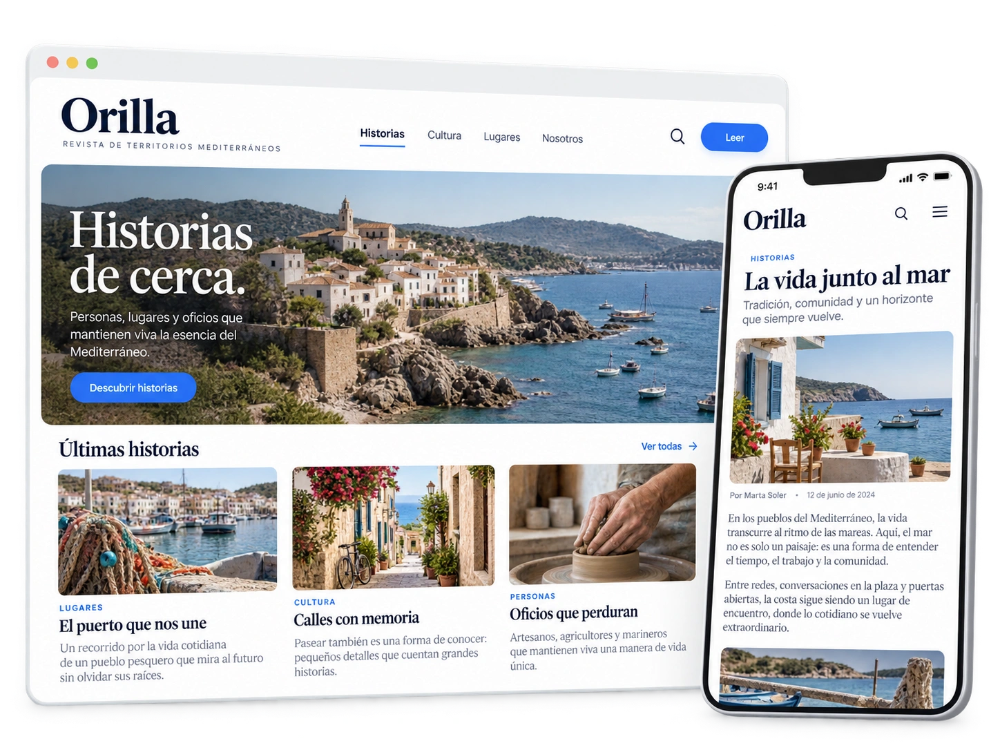 Web editorial de Orilla con historias mediterráneas y lectura de un artículo en móvil.