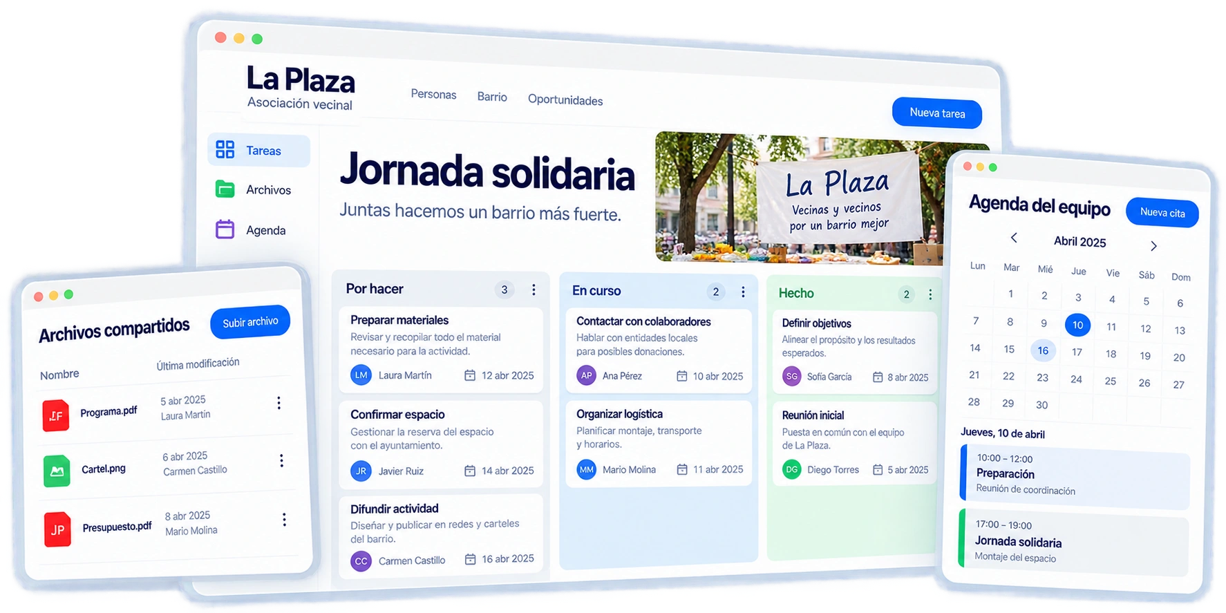 Organización de una jornada solidaria con tareas por estado, archivos compartidos y agenda del equipo.